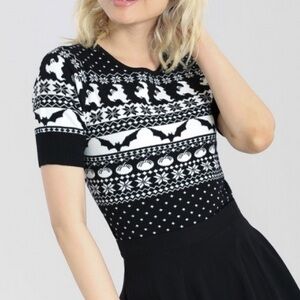 Hell Bunny Spook Short Sleeve Cropped Sweater Bats Ghosts Goth Punk Halloween L